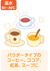 温水80～89℃ パウダータイプのコーヒー、ココア、紅茶、スープに